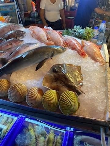 Fresh seafood display — fish and scallops at the market