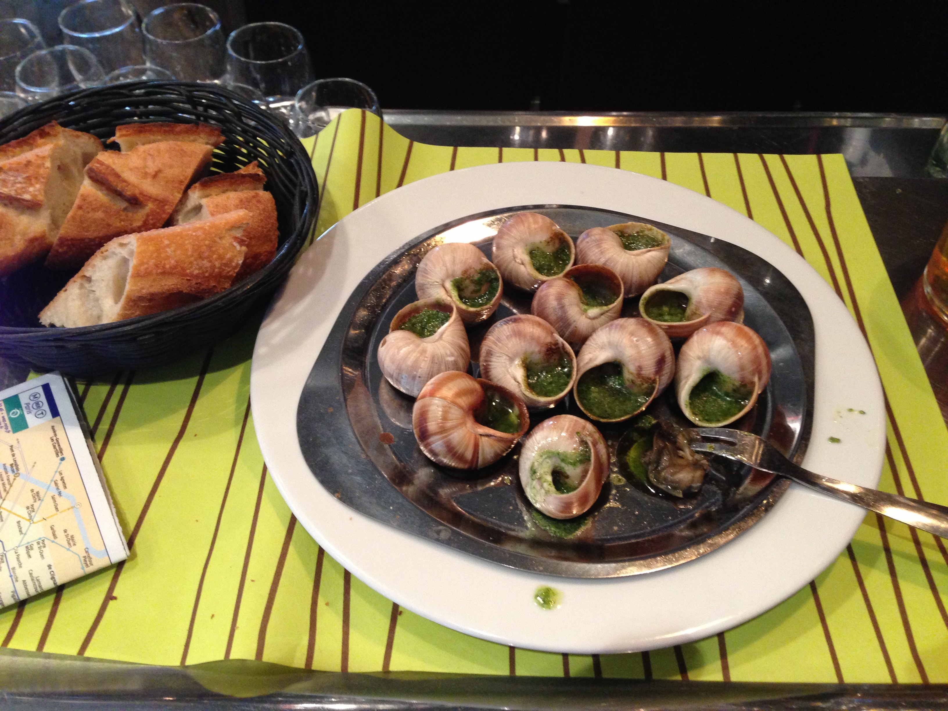 Escargot with garlic butter and baguette — Paris, France