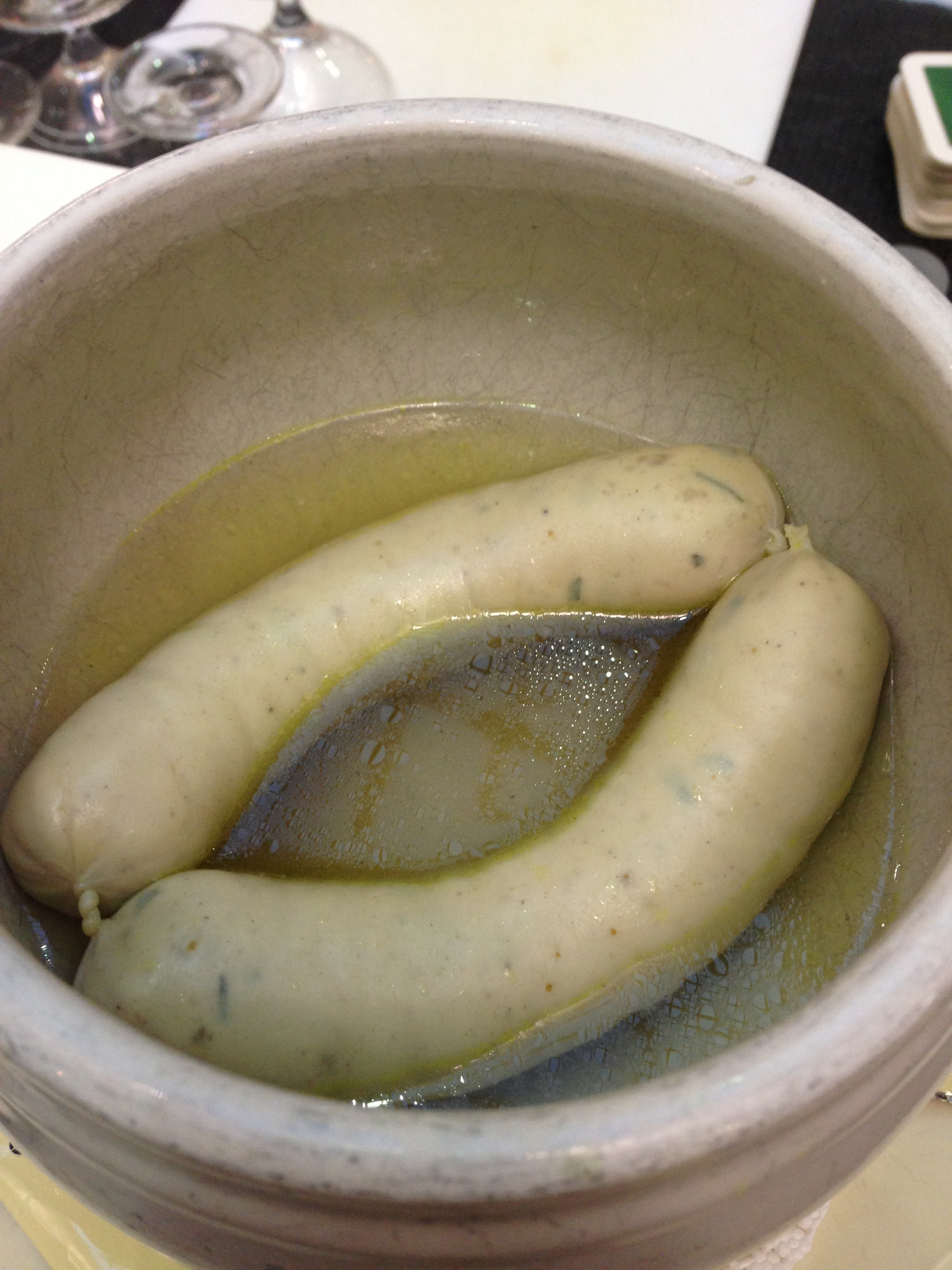 Weisswurst in broth — traditional Bavarian sausage, Germany